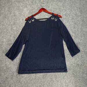 Chicos Travelers Top Womens  US Medium Navy Blue Stretch 3/4 Sleeve Shoulder Det